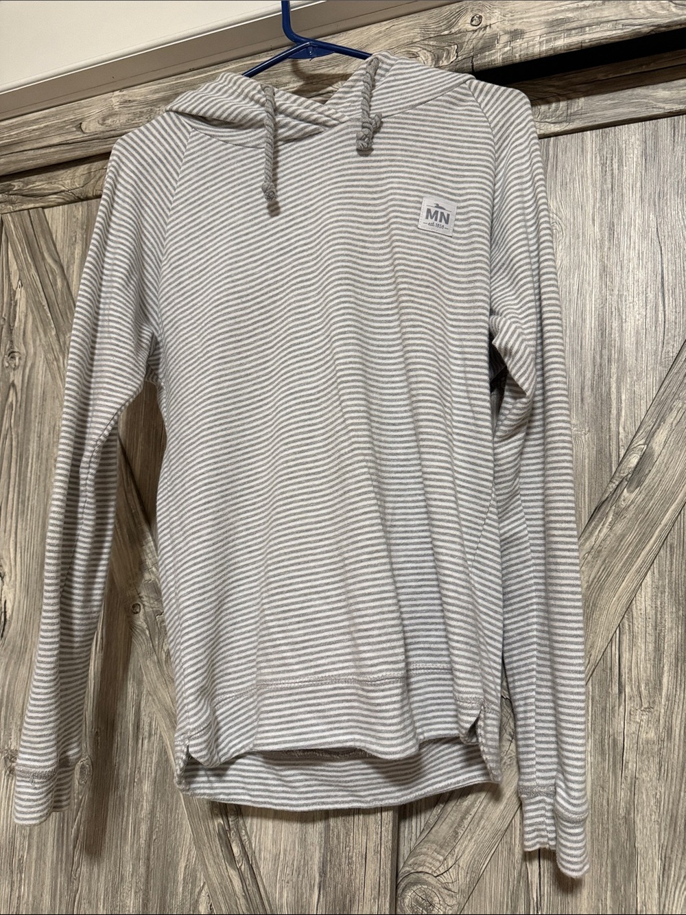 Striped Hooded Pullover with MN Logo - Light Gray & White